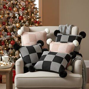 SOGA 6PC Pillowcase Set – Modern Black, pink & Gray Gingham with Pom Poms